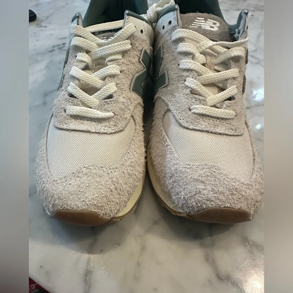 New Balance 574 Cream and Green Retro Runner Sneakers